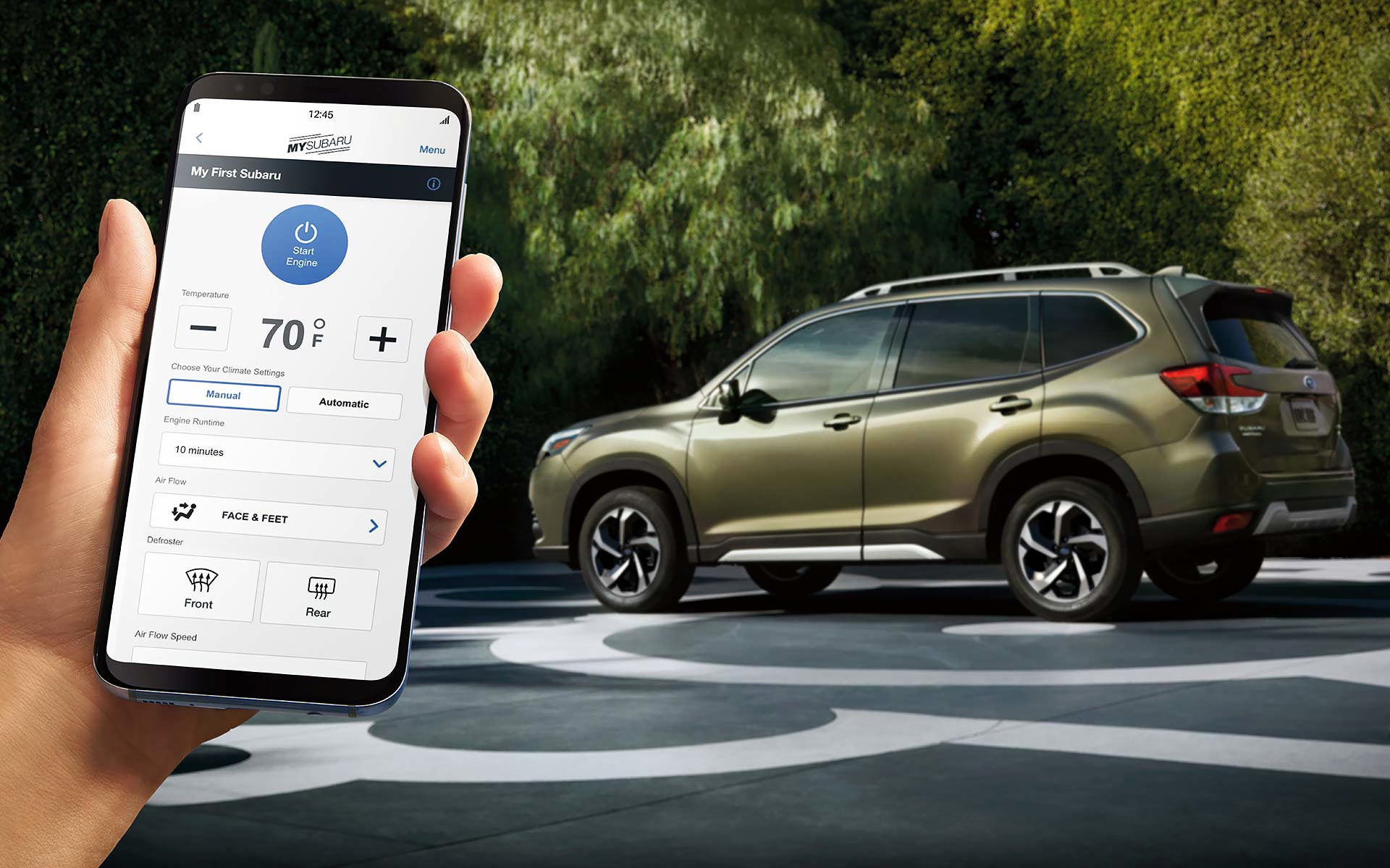 A close-up of a phone showing the Remote Engine Start with Climate Control feature of SUBARU STARLINK® Safety and Security available on the 2022 Forester. | Subaru Superstore of Chandler in Chandler AZ